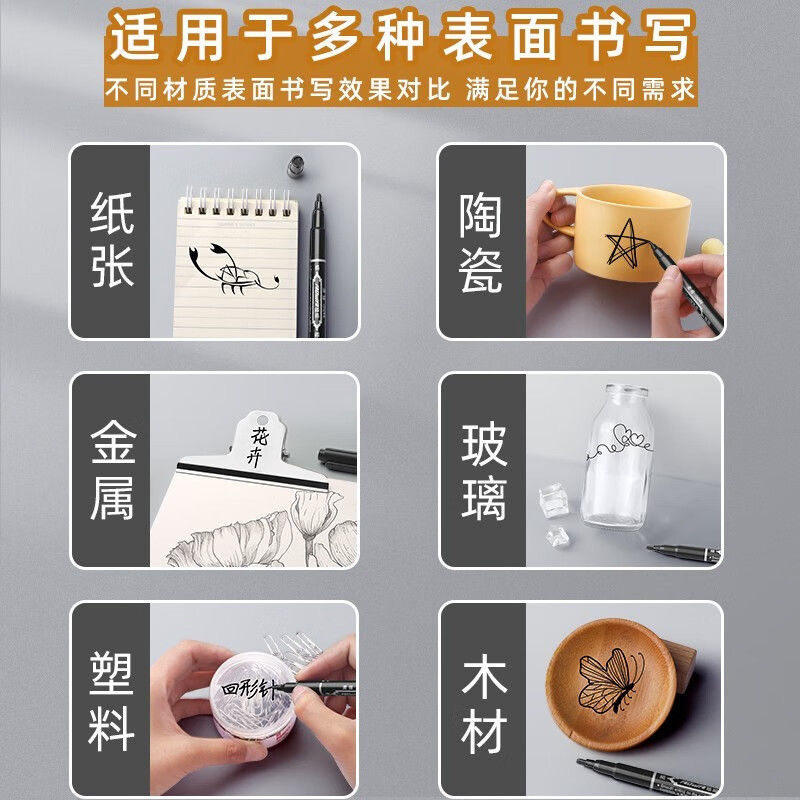 Double-Ended Marker Pen, Waterproof, Oil-Proof, Non-Fading, Outline Pen, Art-Specific, Black Pen for Primary School Students, Oil-Based Pen, Signature Pen