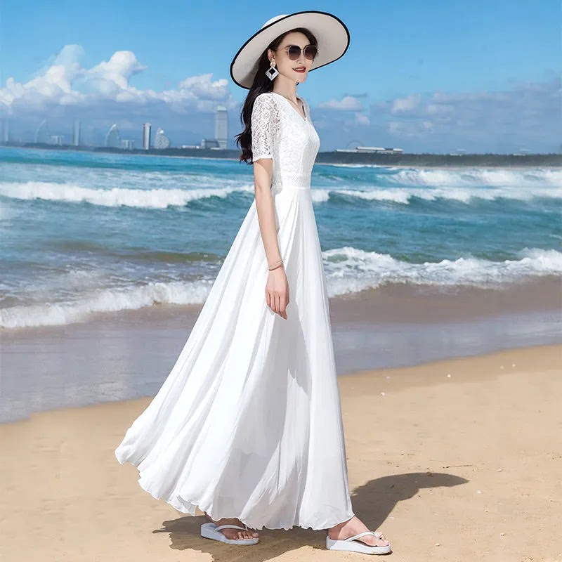 Dress for Women, New Summer Style, Lace Chiffon Beach Dress, Slimming, Covering the Body, Waist-Cinching, Fashionable, Age-Reducing Long Dress, Ethereal and Fluttering