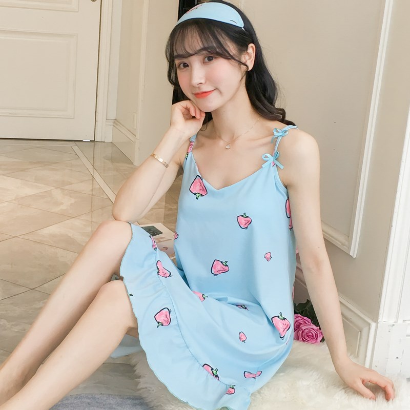 . Pajama cô gái mùa hè sling sexy mỏng thoải mái mang-bạn-của ngực pad chiếc váy mùa hè đồ ngủ sinh viên dễ thương.