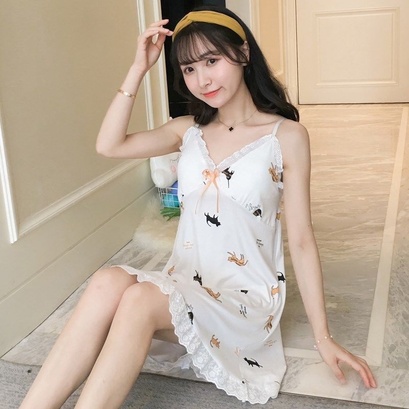 . Pajama cô gái mùa hè sling sexy mỏng thoải mái mang-bạn-của ngực pad chiếc váy mùa hè đồ ngủ sinh viên dễ thương.