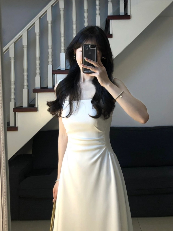 Vintage Pure White Waist-Cinching Dress for Women, Summer Plus Size, Hepburn Style, High-End, Slimming, Sleeveless, Strapless