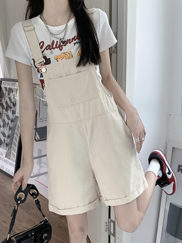 Age-Reducing College Style Denim Overalls for Women, Summer Plus Size, Korean Style High-Waisted Slimming Jumpsuit Wide-Leg Shorts