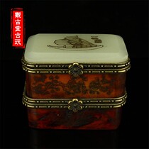 Ancient Play Miscellaneous Han White Jade First Decoration Case Old Bull Bone Inlay White Jade Engraving Double Rouge Box One Sail Smooth Pattern