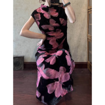 Complement in stock Limponline) Original rotten flower velvet ensemble with red butterfly tie with improved cheongsam skirt