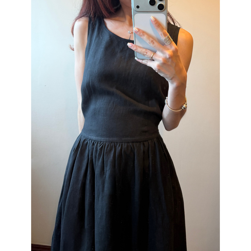 8.10 Restock Limponline|Summer Linen Sleeveless Black Relaxed Long Chinese-Style Dress 8.10 Restock Limponline|Summer Linen Sleeveless Black Relaxed Long Chinese-Style Dress