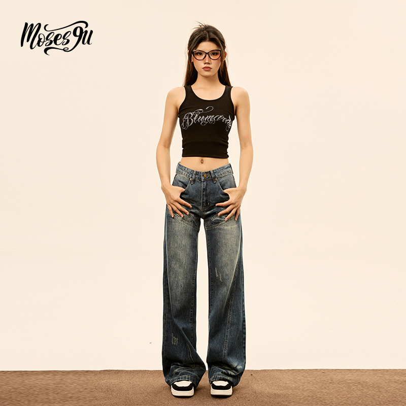 Mosesgu American Retro Design Mid-Waist Flared Jeans for Women, New Straight-Leg Loose Slimming Wide-Leg Pants
