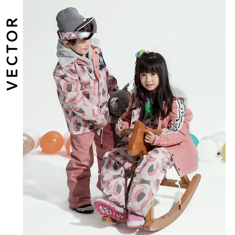 VECTOR Children Ski Suit Boy Bifacial Printed Jacket Thickened Girl Veneer Double Board Ski pants