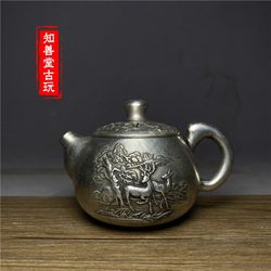 Antique old objects, old silver double deer, high-lift beam, silver teapot, finely crafted silver pot, full silver pot, antique collection ornaments