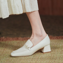 White Lefos shoes female one foot pedal coarse heel with single shoe full leather pearl 2021 Inlenwind small leather shoes