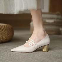 White in heel Heel Square Head Single Shoes Woman High Heel Retro Style Heben Mary Precious Bridesmaid Genuine Leather Womens Shoes Black