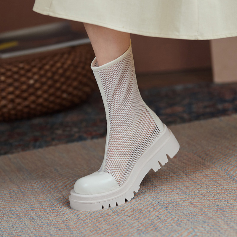 Net yarn thick bottom white boots children 100 lap breathable hollowed-out mesh red short boots Summer slim Thin Genuine Leather Mid-Cylinder Boots