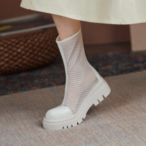 Net yarn thick bottom white boots children 100 lap breathable hollowed-out mesh red short boots Summer slim Thin Genuine Leather Mid-Cylinder Boots