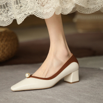 White square head coarse heel Herbene Marie precious shoes female with pearl light mouth small fragrant wind single shoe parquet of small crowdwedding shoes