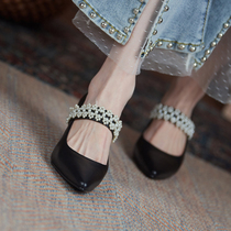 Fataway High heels female pointy heel Pearls Mary Precious Shoes Black 100 hitch with small Fragrant Wind small heel Shoe