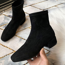 Square head short boots female apricot color Square and Martin thin boots ins short tube with thick heel suede boots autumn and winter plus Velvet