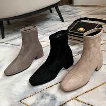 ins thin small heel short boots female thick heel apricot color spring and autumn single boots square heel flat bottom bottom elastic socks boots