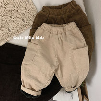 Boy Cashmere Pants Girl Kharen Pants Light Core Suede 2021 Tide Baby Plus Suede Thickened Foreign Air Children 90% Pants