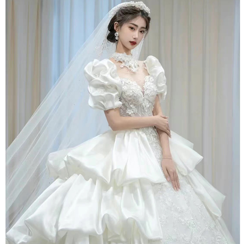 Satin main wedding dress 2023 new 2024 bride senior big drag -tail French heavy worker outbound gauze retro small Satin main wedding dress 2023 new 2024 bride senior big drag -tail French heavy worker outbound gauze retro small