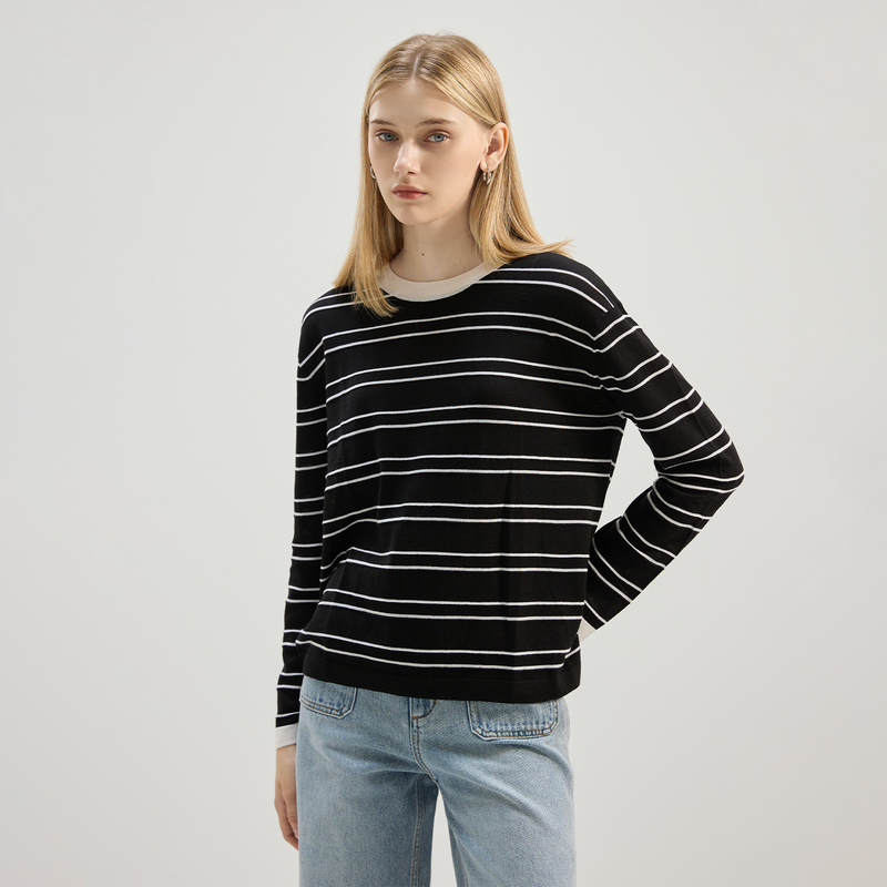 Realistique Striped Knit Sweater for Women 2025 Autumn Round Neck Pullover Loose Slimming Long Sleeve Top