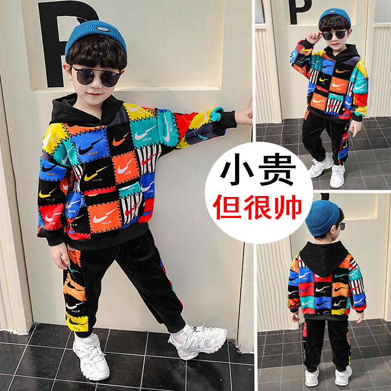 Boy Spring Autumn Suit Gushed Gold Velvet 2021 New Kids Foreign Pie Two Sets Children Thickened Baby Spring Dress