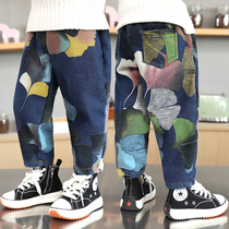 Boy gush thickened jeans autumn winter 2021 new children winter integrated suede pants for children winter clothing