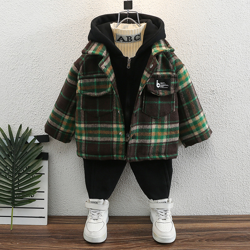 Boys' woolen coat woolen coat children's Western style winter clothing 2022 autumn and winter new hooded children's clothing baby thickening