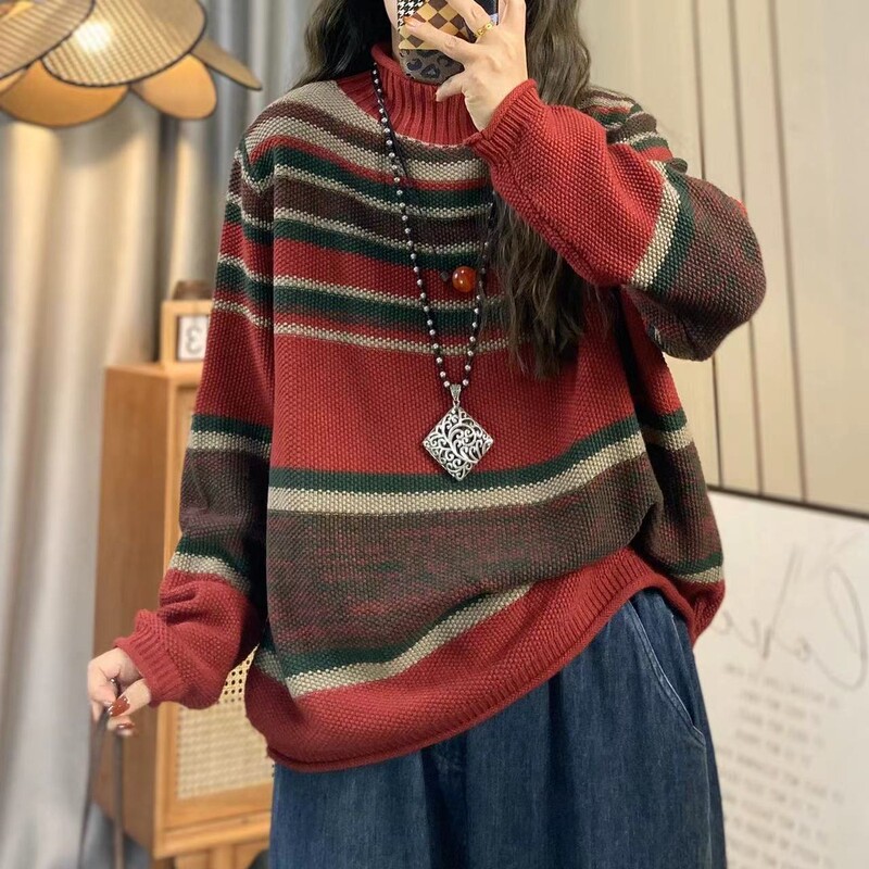Loose and Casual Style Half-High Collar Long-Sleeved Knitwear, a Very Stylish Casual Pullover Striped Color-Blocked Sweater for Autumn and Winter