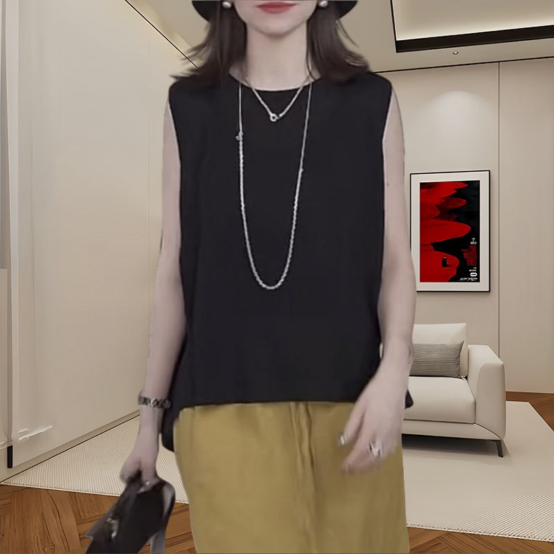 Thin Sleeveless Vest Shirt for Women, New Summer Style, High-End Chiffon, Breathable, Loose, Slimming, Solid Color, Round Neck Top