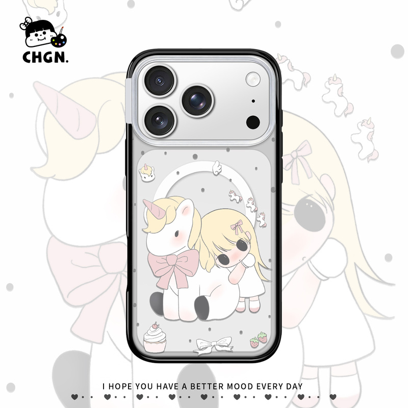 Suitable for Sweet Unicorn Girls Iphone17Promax Apple 16 Phone Case 15Pro Bright Black Frame 14 Original 13 Magnetic Transparent 16Promax Niche High-End New Cute Model