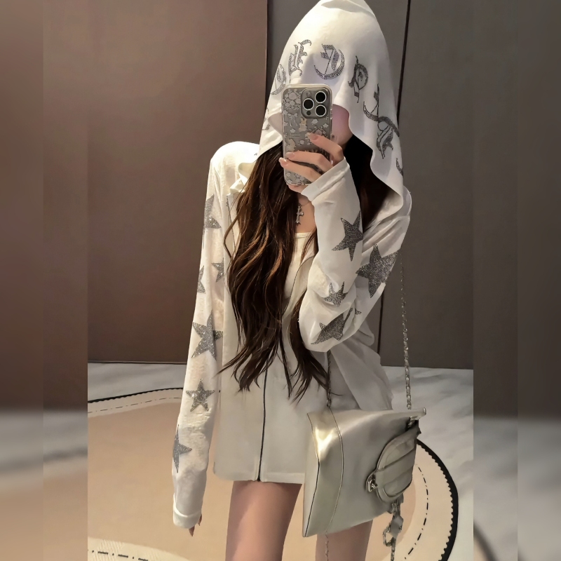 Casual Style Star-Studded Rhinestone Hooded Short Jacket for Women, Loose Sun Protection Cardigan Top, White
