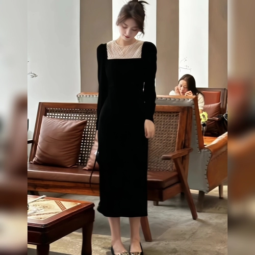 Осеннее черное бархатное платье, лонгслив, лебедь, юбка, высокая талия