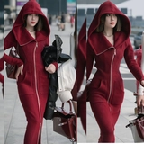 Демисезонная дизайнерская длинная юбка с молнией с капюшоном, платье, европейский стиль, тренд сезона, средней длины, облегающий крой