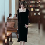 Осеннее черное бархатное платье, лонгслив, лебедь, юбка, высокая талия