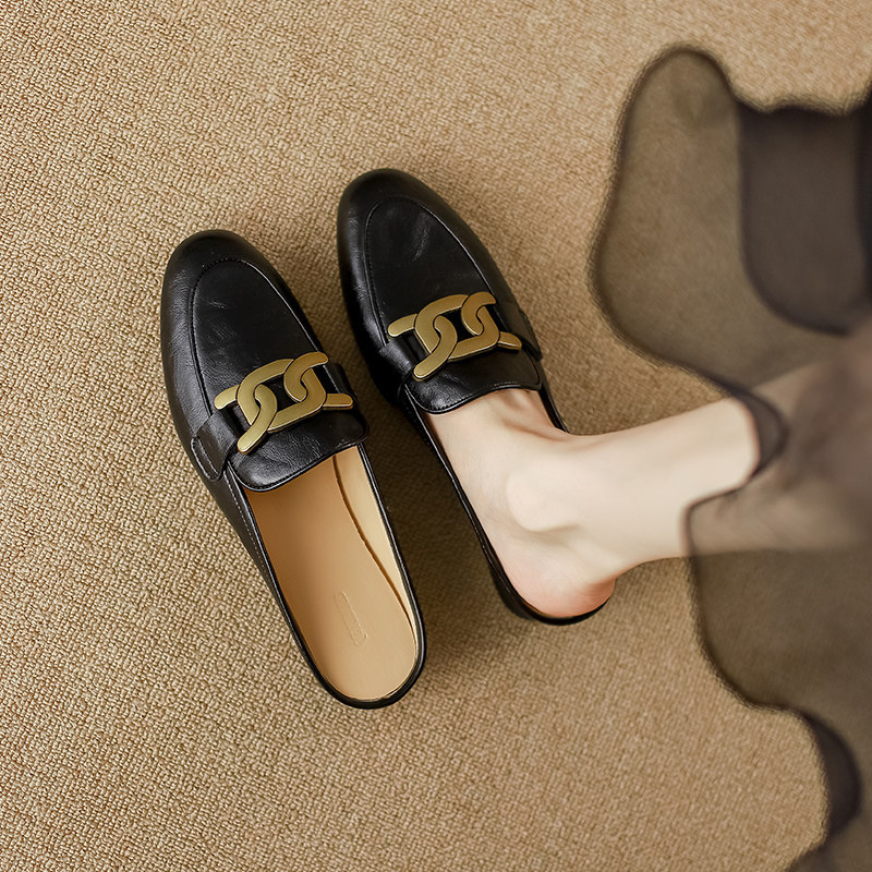 British Genuine Leather Black Flat Toe-Cap Half Slippers for Women, Summer Outerwear, 2026 New Style, Slip-On Soft-Soled Mule Sandals