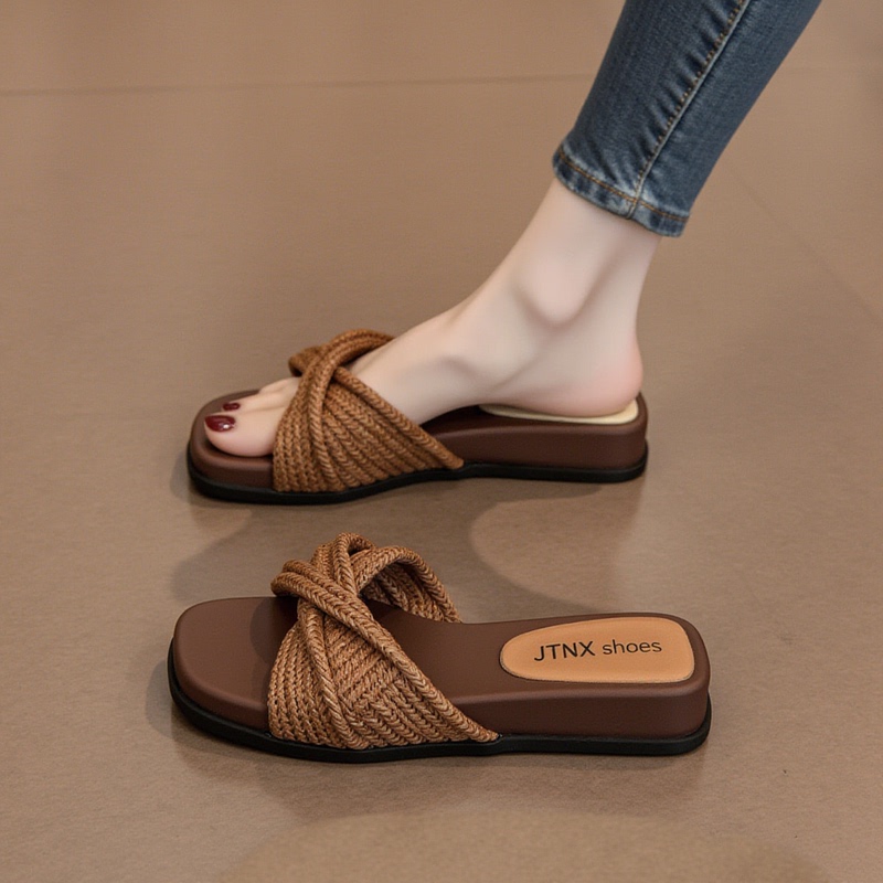 British Genuine Leather Thick-Soled Woven Wedge Sandals for Women, Summer 2026 New Bohemian Style Slip-Ons British Genuine Leather Thick-Soled Woven Wedge Sandals for Women, Summer 2026 New Bohemian Style Slip-Ons
