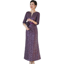 )Flowing gold)Moms wedding banquet sequined dress high-end wedding banquet Xi mother-in-laws long slimming dress