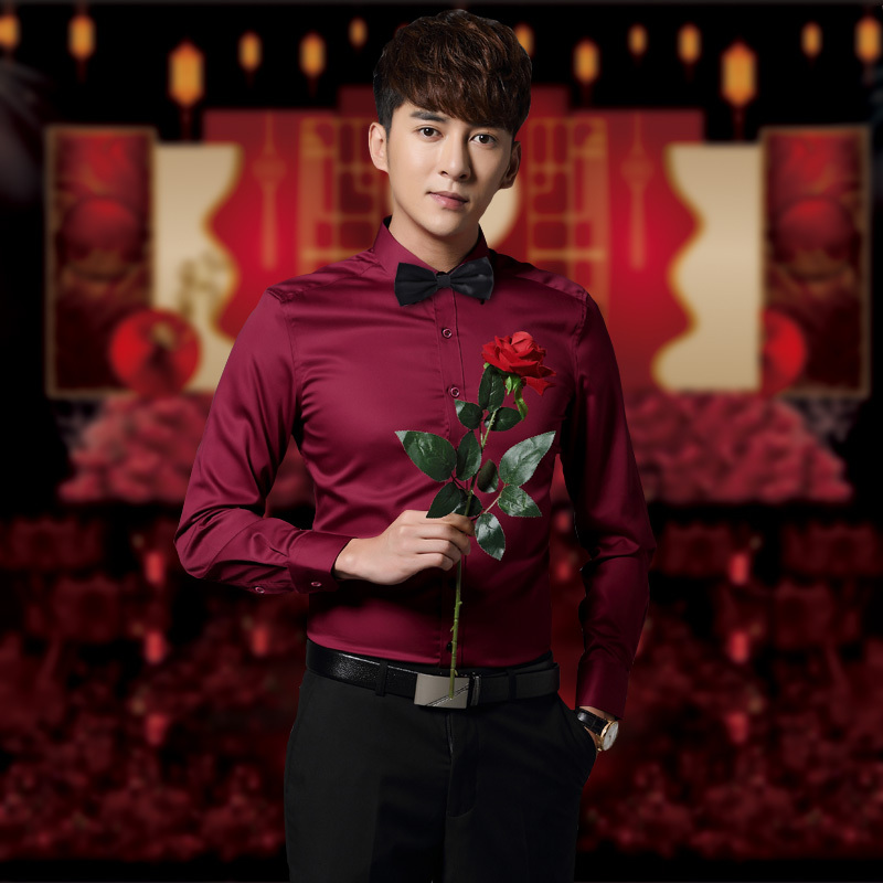 Groom's Wedding Shirt Men's Long-Sleeved Wedding Suit Slim Fit Formal Short-Sleeved Shirt Groomsmen Engagement Pick-Up Clothes Summer