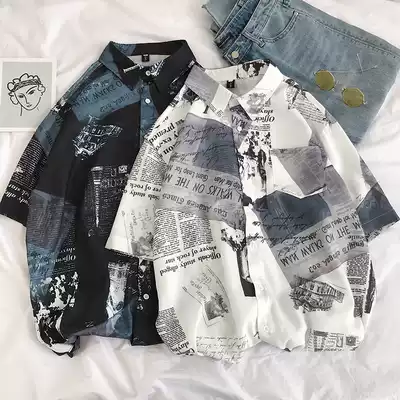 Rui Shuai Hong Kong style Japanese boys shirt tide men short sleeve shirt Korean trend handsome ins newspaper jacket summer