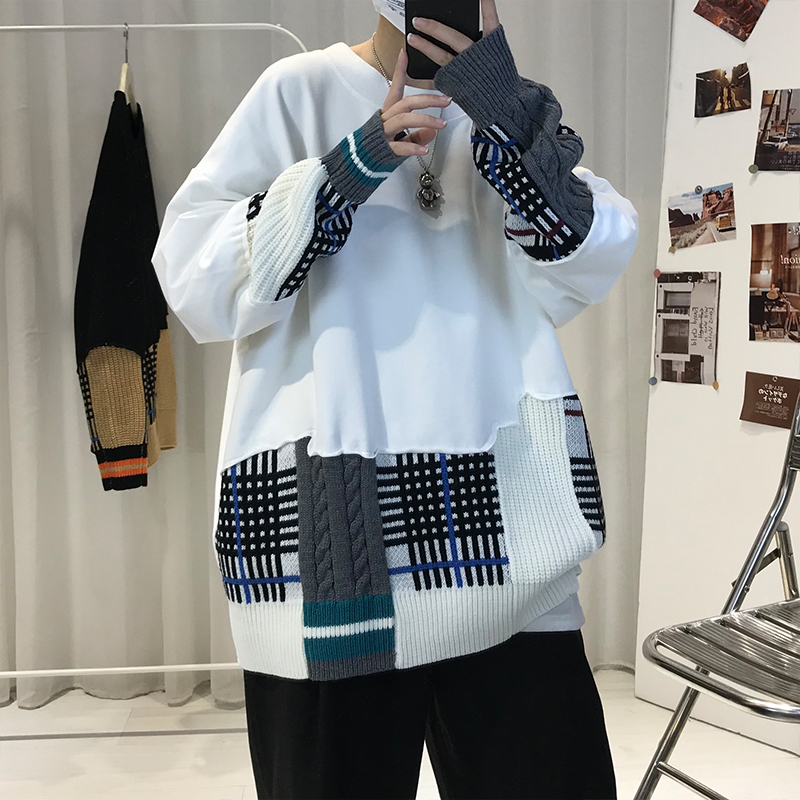 WhiteChaopai Sweater male ins Port style easy Lazy wind Hip hop schoolboy jacket trend personality knitting Splicing loose coat