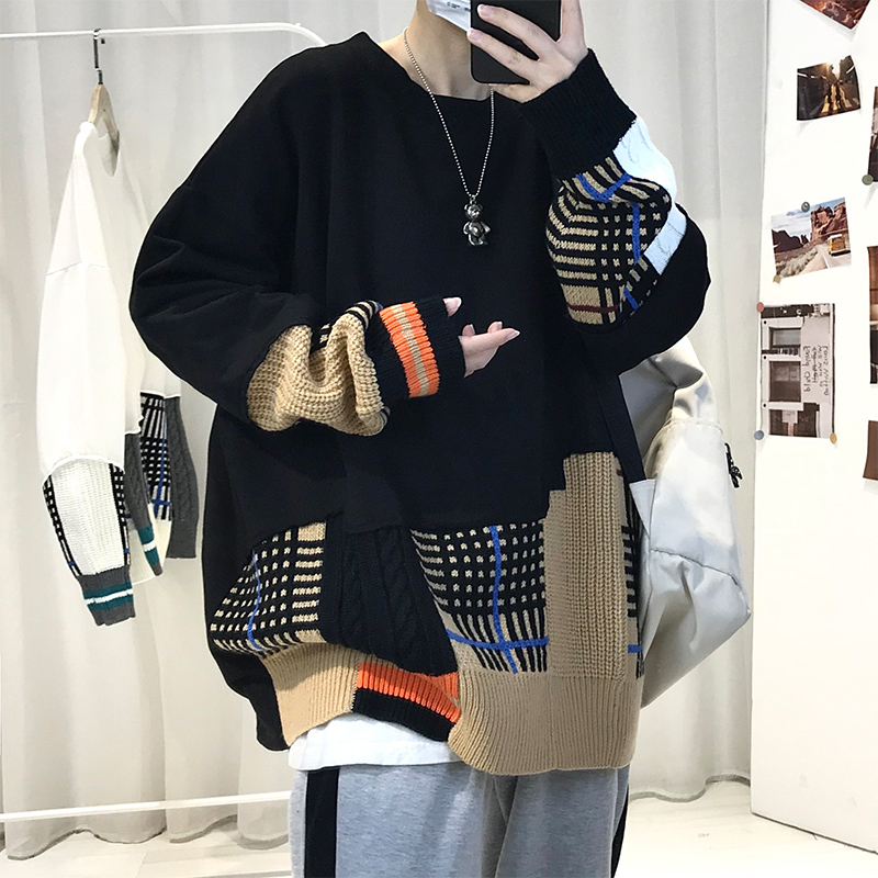 BlackChaopai Sweater male ins Port style easy Lazy wind Hip hop schoolboy jacket trend personality knitting Splicing loose coat