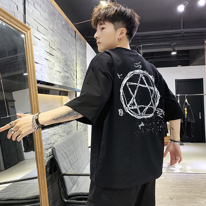 Hong Kong wind men's national tide short sleeve men's tide brand T-shirt Korean fashion loose net red ins half sleeve T-shirt five-point sleeve