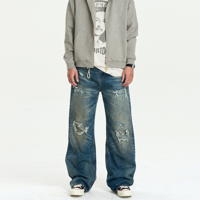 Snug American Retro Washed Distressed Frayed Ripped Patched Whiskered Straight-Leg Loose Vintage Jeans