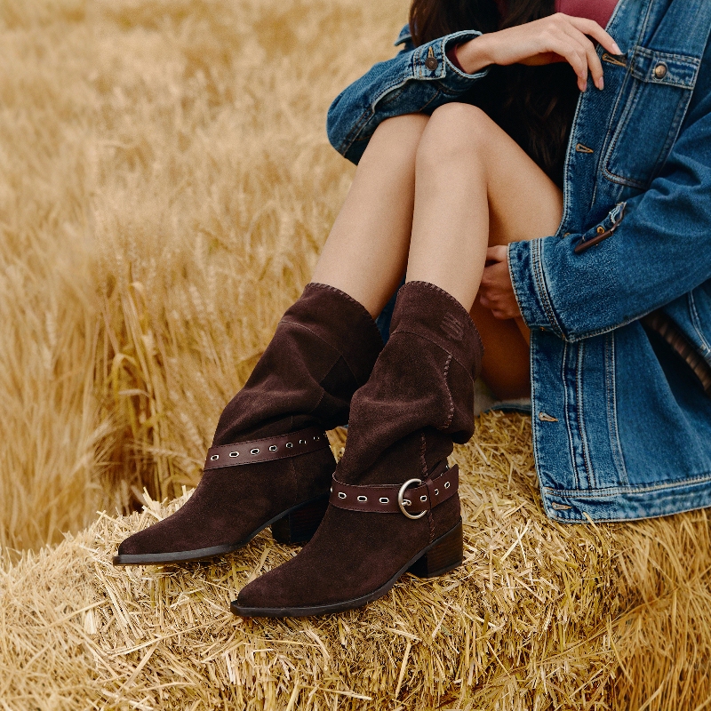 Cowhide Version ~ Bai Lu and Chu Xi's Same Style Genuine Leather Pointed-Toe Retro Western Cowboy Boots Mid-Calf Stacked Riding Short Boots for Women