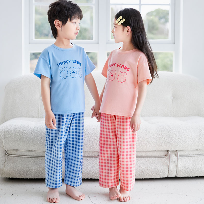 Boys' pajamas set Boys and big boys Lycra cotton short-sleeved children's air-conditioning clothes home clothes girls summer thin