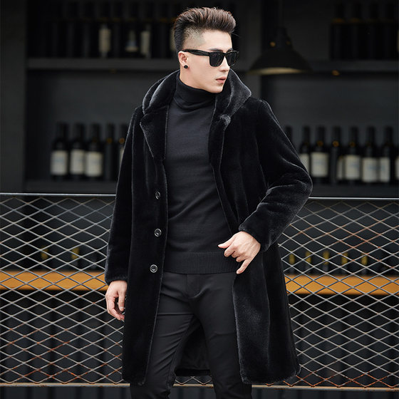 2023 New Mink Fur Coat Men's Medium Long Mink Velvet Hooded Whole Mink Imitation Mink Haining Fur Large Size Jacket Trendy