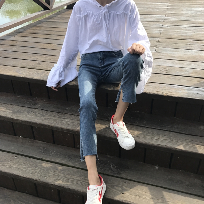 Quần jeans đỏ nữ mùa thu đông cao eo 2018 mới khai trương lạ mùi quần nữ thẳng cộng nhung nhung mỏng manh. quần jean nữ ống suông hàn quốc