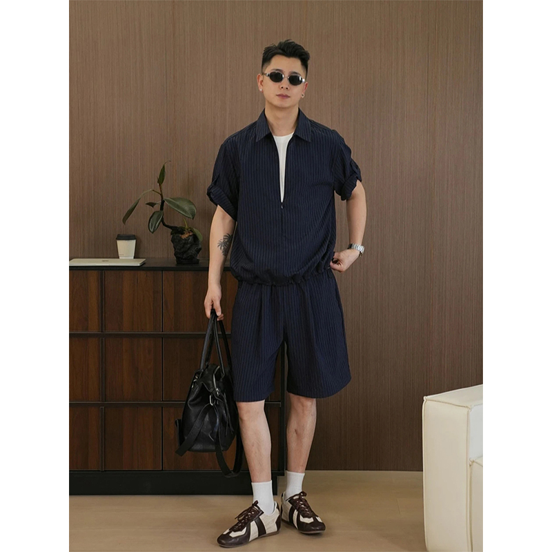 Fake Two-Piece Navy Blue Striped Zip-Up Short-Sleeve Shirt for Men, Summer Relaxed Cool Breathable Casual Shorts Set Fake Two-Piece Navy Blue Striped Zip-Up Short-Sleeve Shirt for Men, Summer Relaxed Cool Breathable Casual Shorts Set
