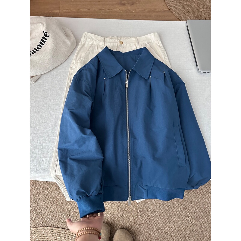 Klein Blue Studded Pleated Flight Jacket for Men, Autumn Style, High-End American Baseball Jacket, Trendy Brand Short Coat