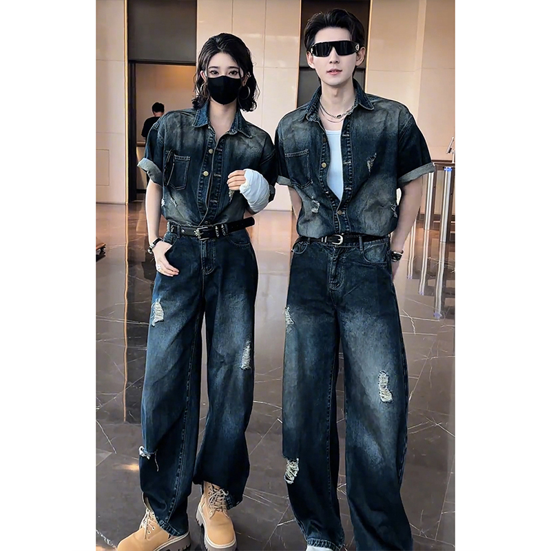 Cool and Stylish High-End Short-Sleeved Denim Shirt Suit for Men, Summer Outfit with a Complete Set of Casual Long Pants, Two-Piece Set