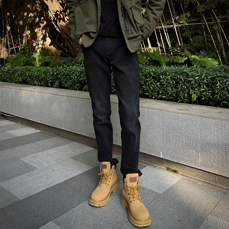 Men's Pants to Match Boots, Autumn and Winter Style, Trendy Brand, Slim Fit, Narrow Version, Fleece-Lined Denim, Cool and Stylish, Straight-Leg Casual Pants